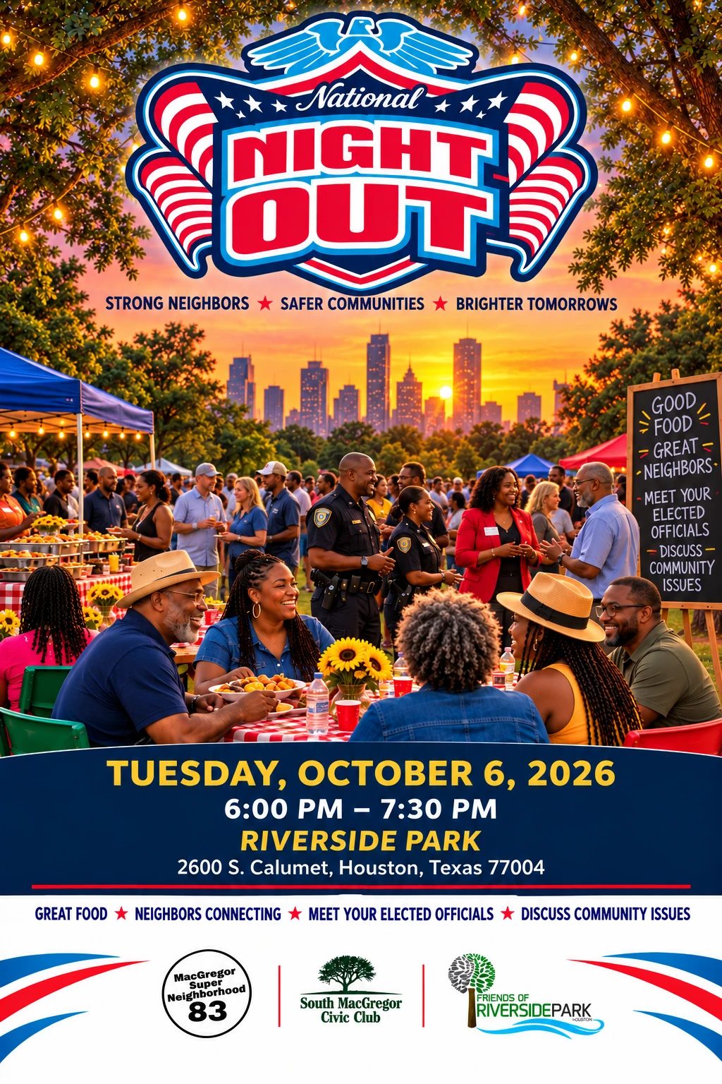 National Night Out flyer: Tuesday, October 6, 2026, 6:00 to 7:30 PM at Riverside Park, 2600 S. Calumet, Houston, Texas 77004. Great food, neighbors connecting, meet your elected officials, and discuss community issues. Hosted by MacGregor Super Neighborhood 83, South MacGregor Civic Club, and Friends of Riverside Park.